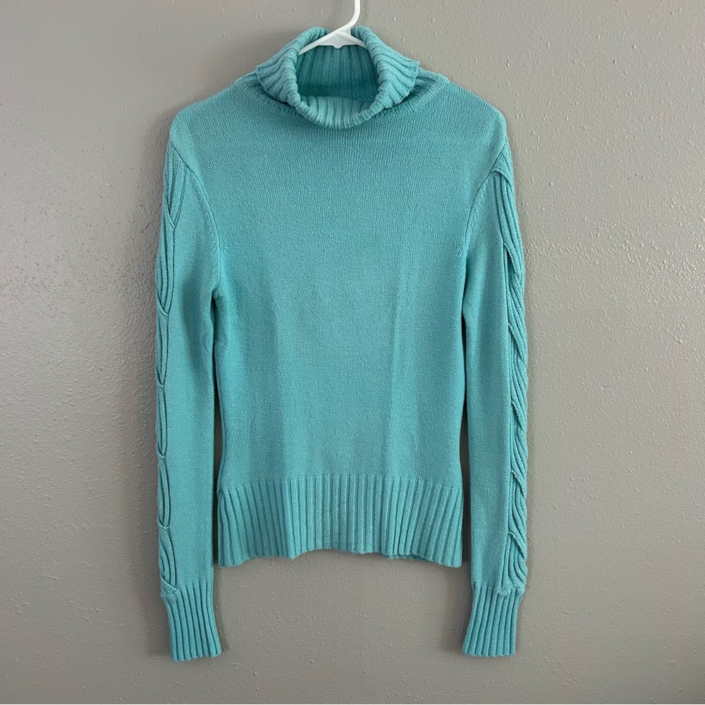 Vintage Cache Turquoise Blue Turtleneck Sweater Top Size M Long Sleeve Accent
